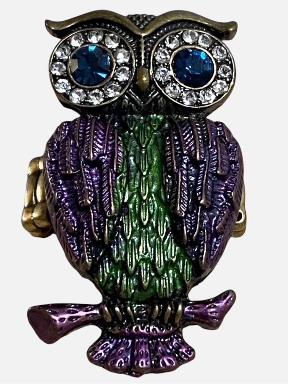 Boho Owl Ring Purple Green Rhinestone Enamel Stretch Adjustable Bronze Tone